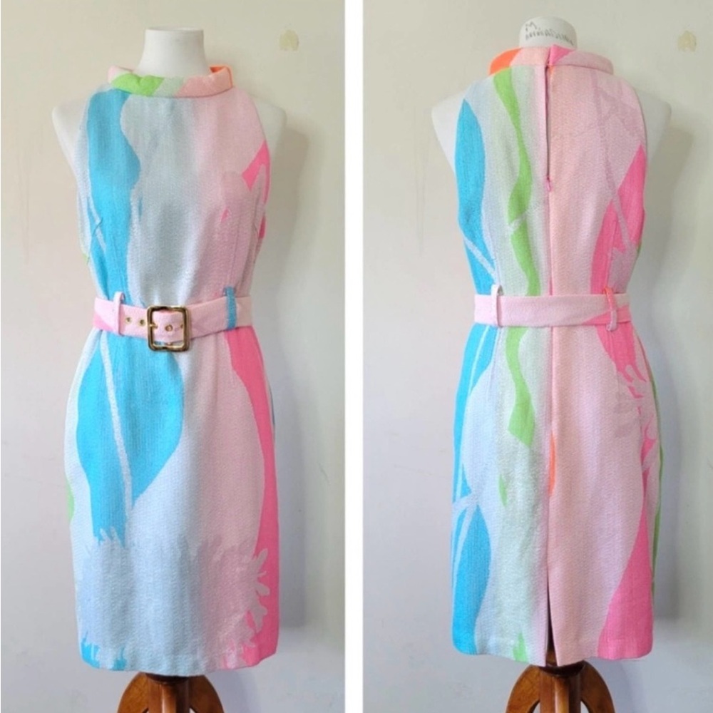 Milly of New York sz8 Vibrant Pastel Rainbow Belted Sheath Made USA WOW